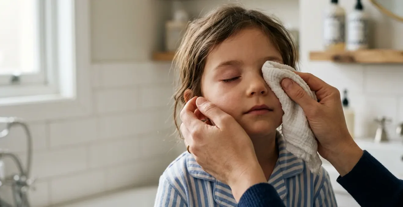 Close-up of parent gently cleaning child's eye with warm compress in natural morning light