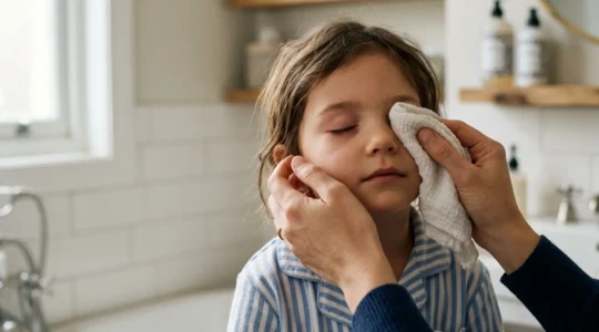 Close-up of parent gently cleaning child's eye with warm compress in natural morning light