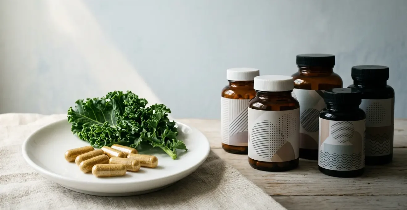 Close-up perspective of supplement capsules and natural ingredients representing informed consumer decisions in eye health