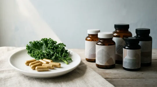 Close-up perspective of supplement capsules and natural ingredients representing informed consumer decisions in eye health