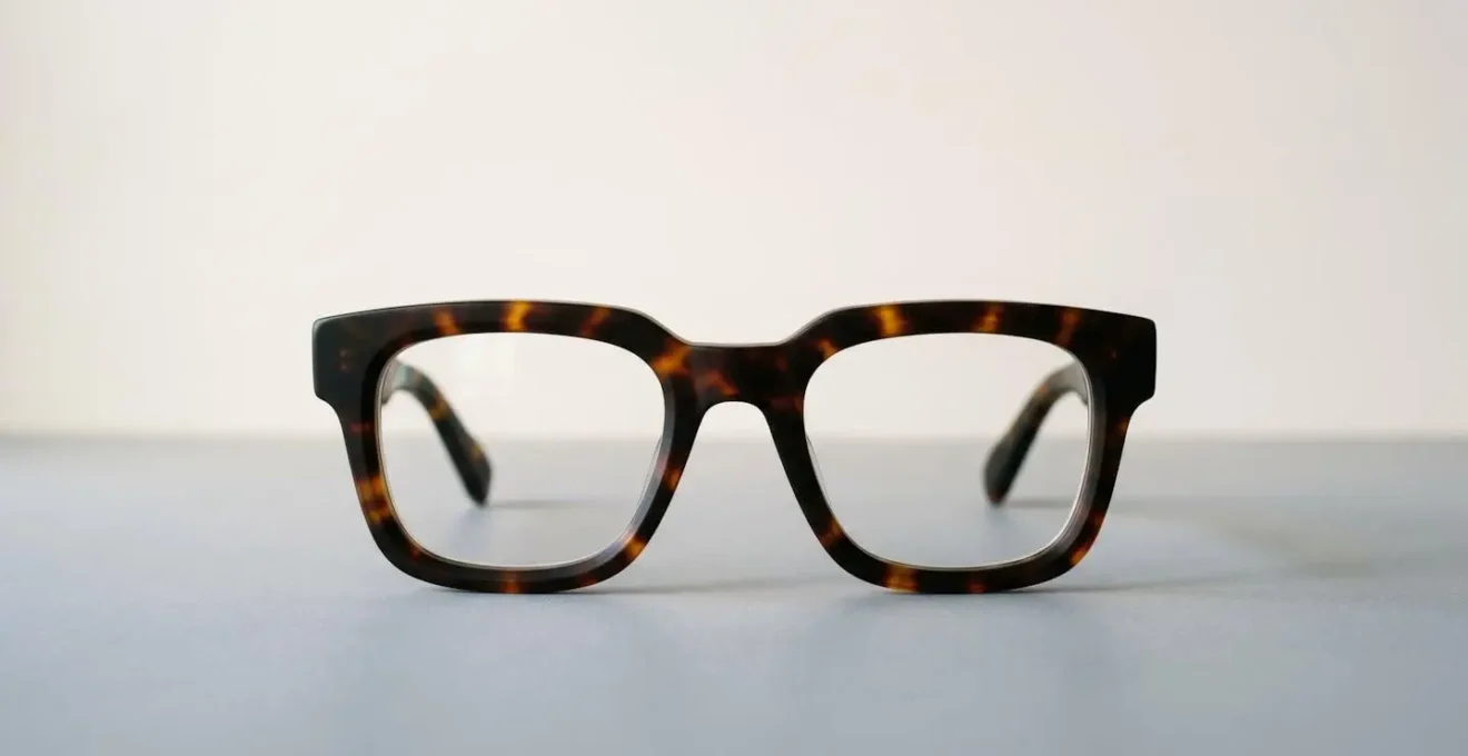 Close-up of thick acetate eyeglass frame rim demonstrating how frame depth and color effectively conceal lens edge thickness