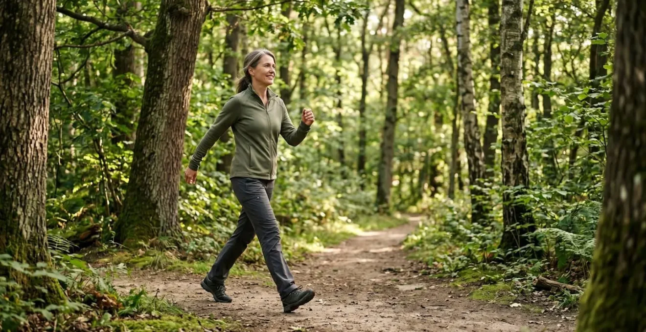 Person briskly walking on a natural trail surrounded by trees