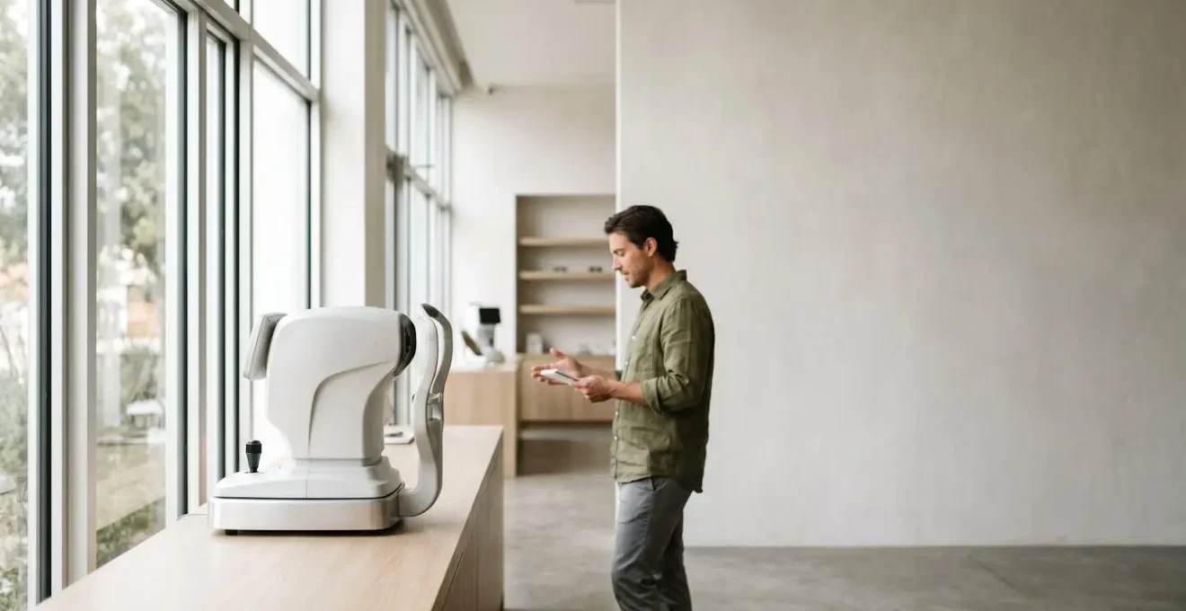 Wide environmental shot of modern independent optometry practice with specialized measurement equipment