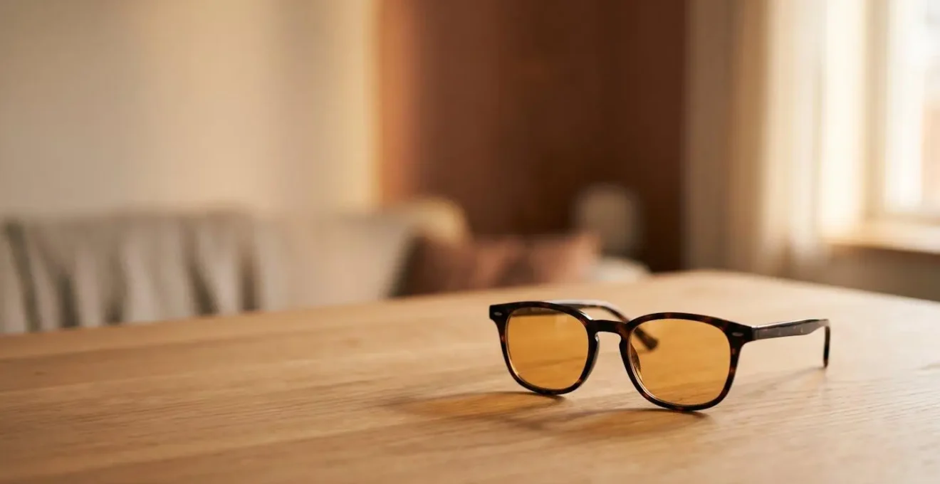 Warm-toned minimalist scene showing amber-tinted blue blocking glasses in soft evening ambient light with intentional negative space