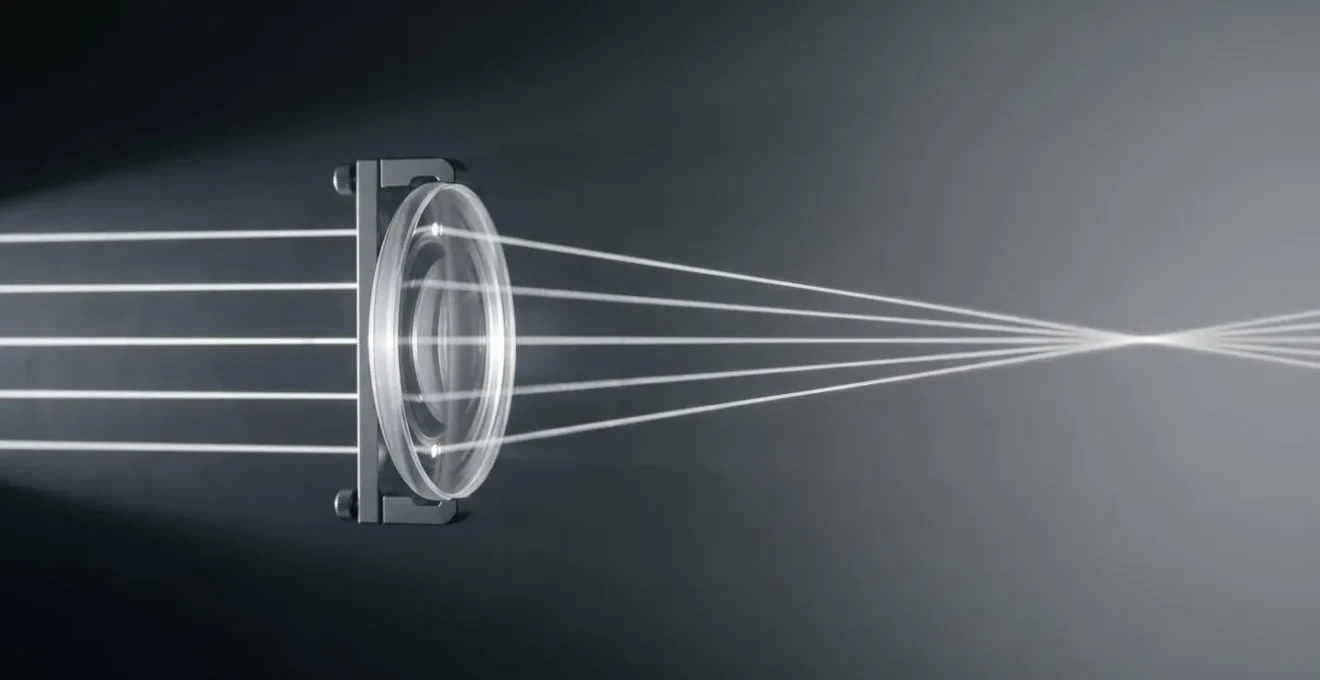 Light rays passing cleanly through a transparent lens surface without internal reflections or starbursts