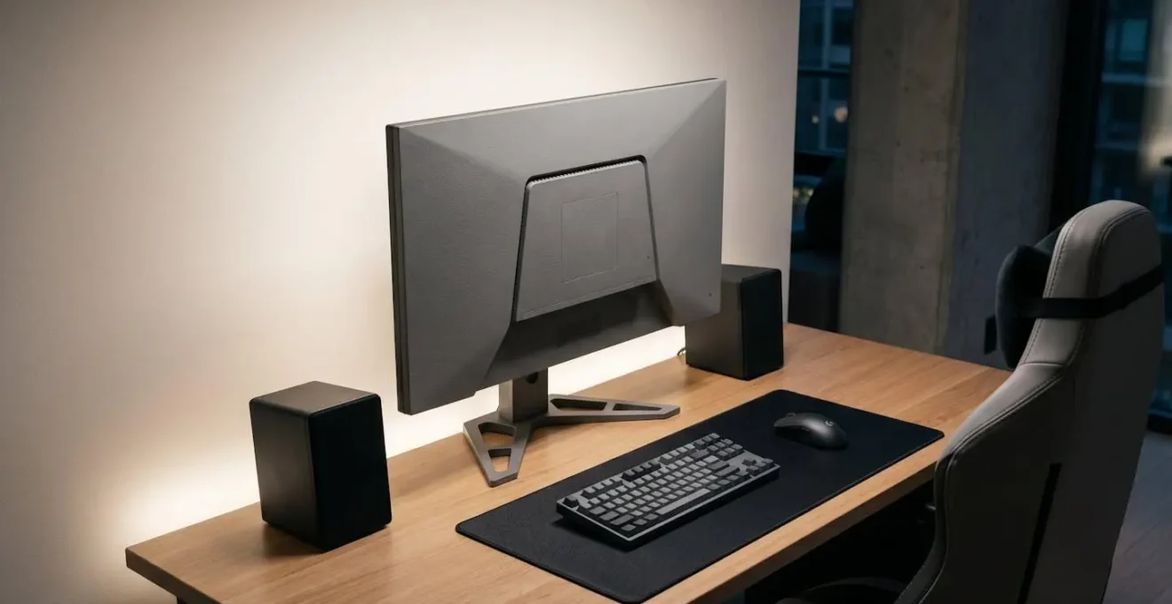 Wide environmental shot showing proper ambient bias lighting setup for gaming station in low-light conditions