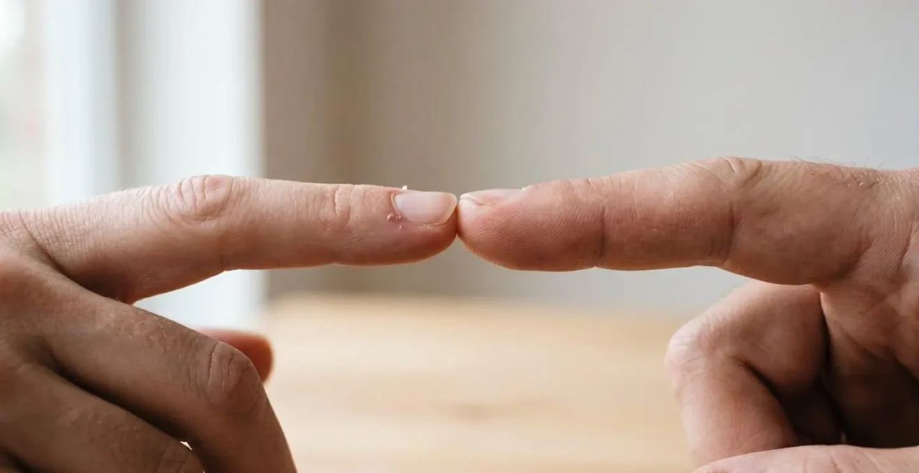Close-up view of hands performing finger sausage test for binocular vision assessment with blurred background