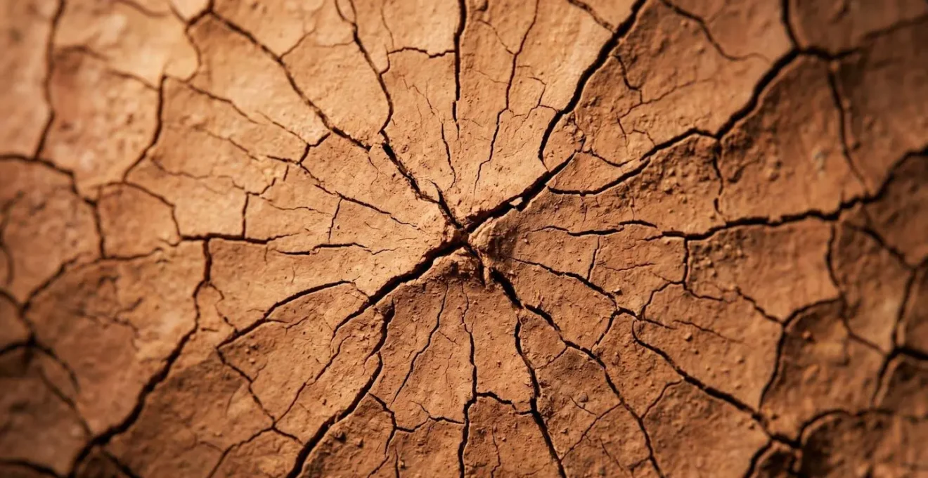 Extreme close-up of dried cracked earth texture representing vessel fragility during rapid metabolic changes