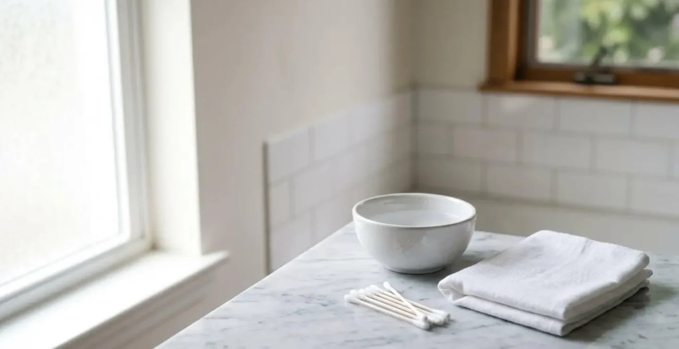 Minimalist environmental photograph showing clean cotton pads and a white flannel on a simple surface, representing accessible eyelid hygiene