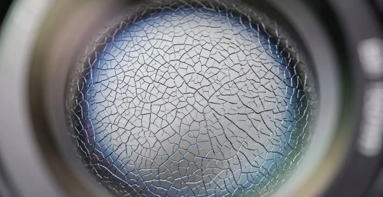 Extreme close-up showing the distinctive web-like crack pattern of coating crazing on an eyeglass lens surface under specific lighting