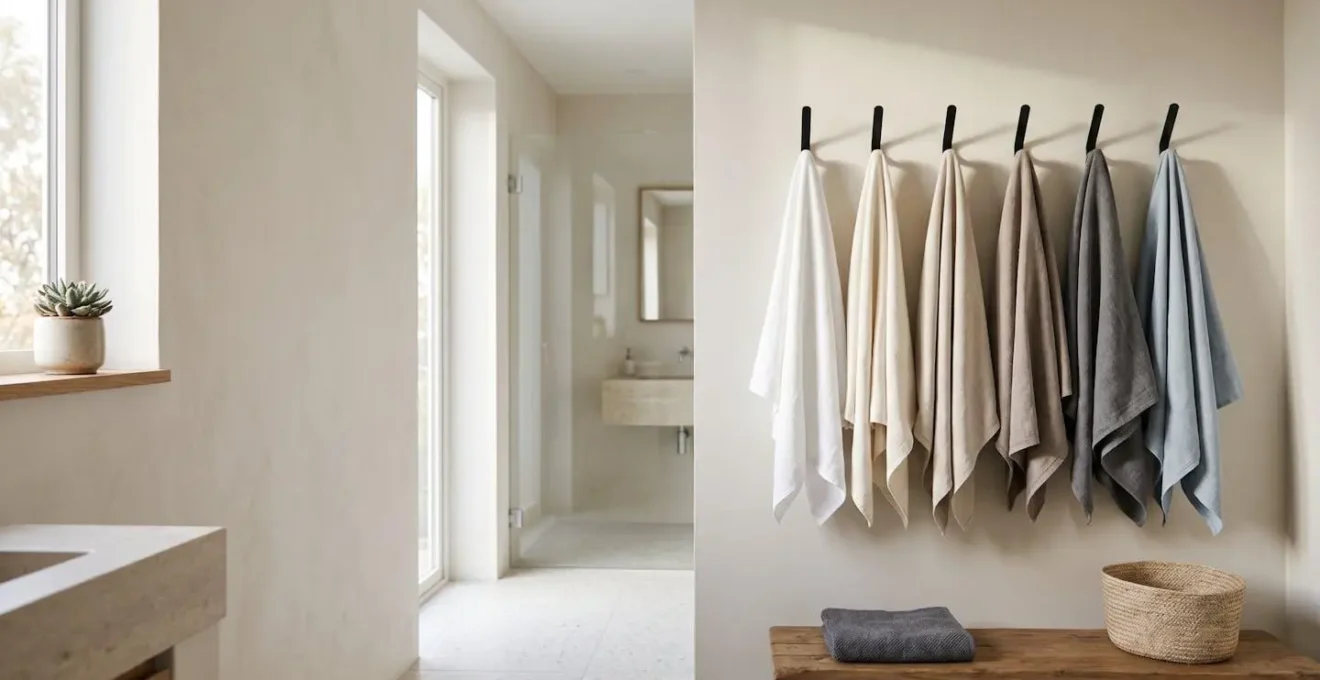 Wide environmental shot of organized bathroom with separated towel hooks in natural daylight