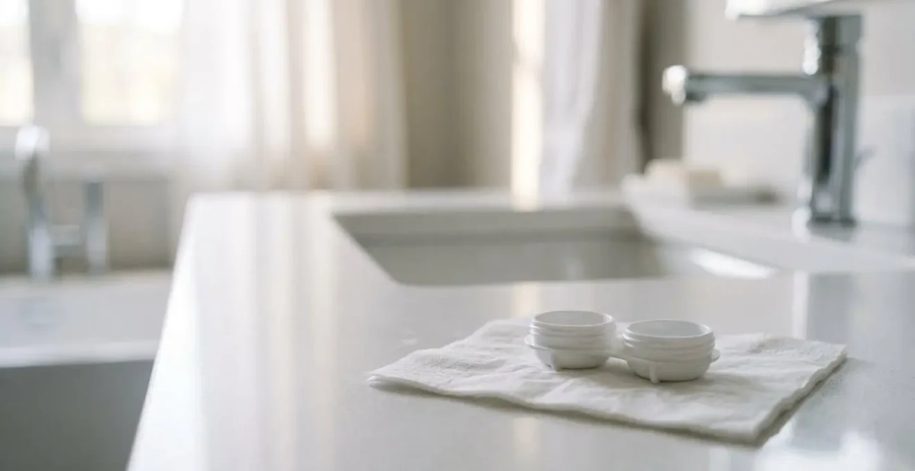 Clean minimalist environment showing proper contact lens case care setup with natural lighting