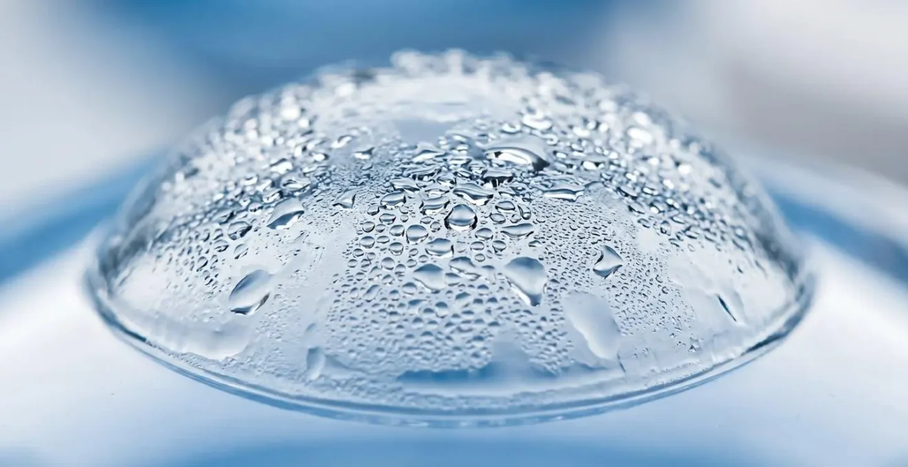Macro close-up of contact lens surface showing textural interaction with solution droplets