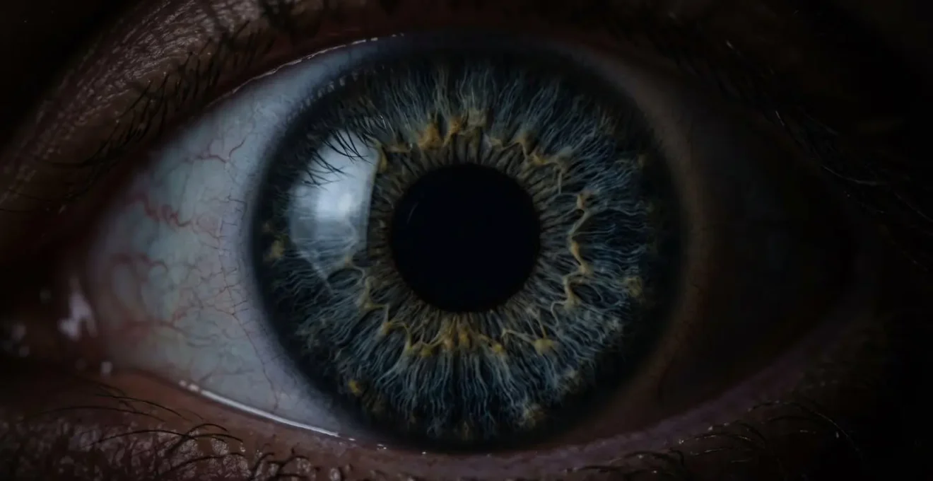 Close-up detail of an aging eye's pupil adapting to low light conditions with subtle reflections