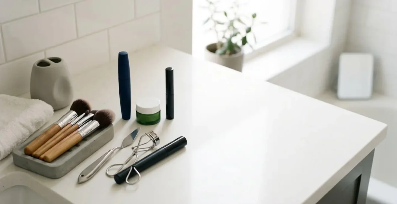 Environmental minimalist shot showing discarded eye cosmetics and clean makeup tools arranged with intentional spacing and natural light
