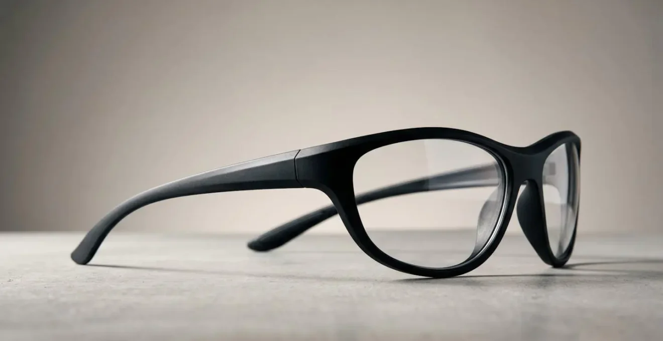 Curved wraparound eyeglass frame showing lens geometry and spatial relationship