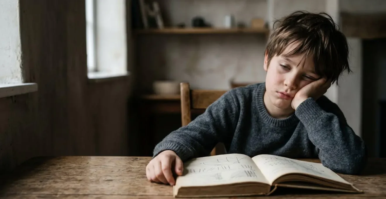 Child showing signs of visual fatigue and frustration during reading task