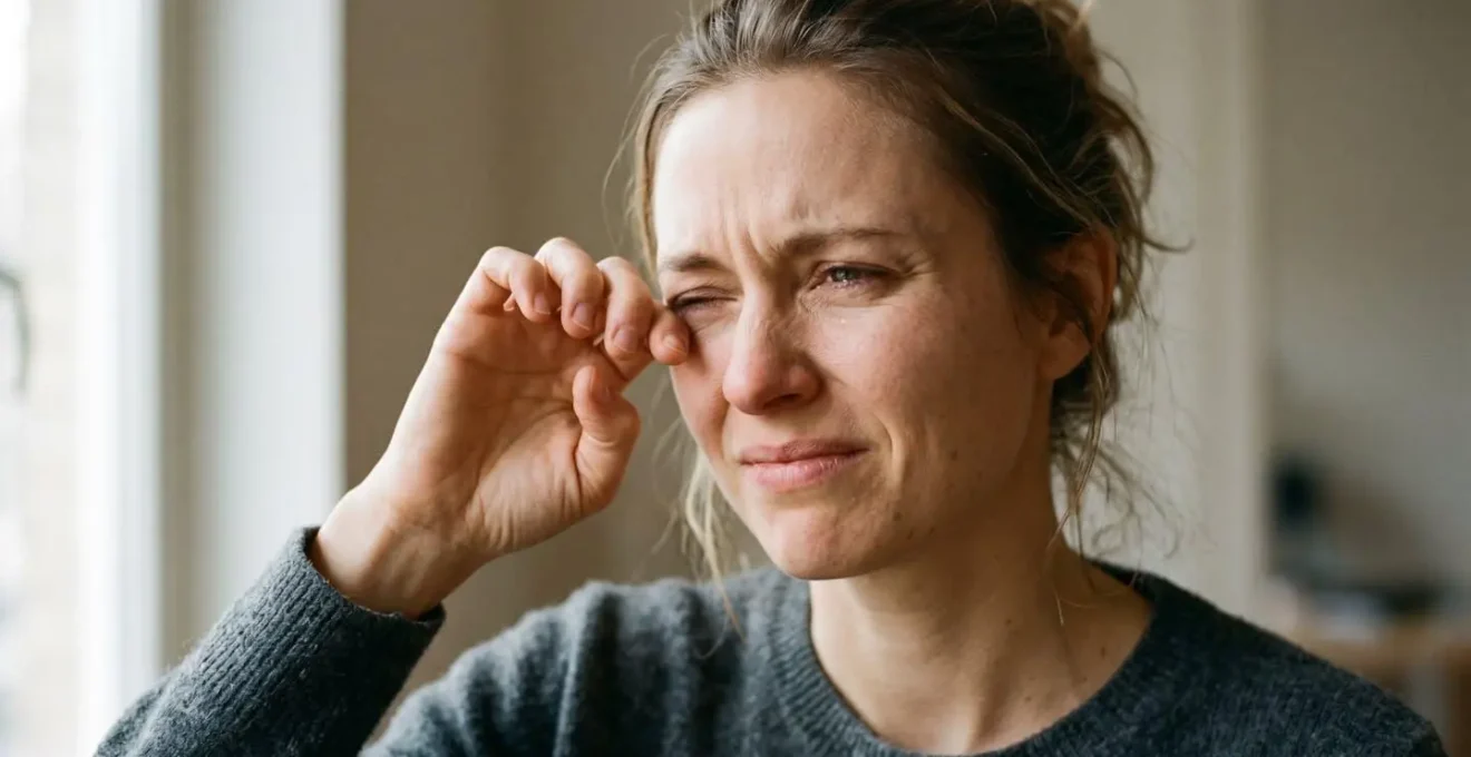 Close-up portrait showing human emotional response to eye discomfort with natural gesture near orbital area