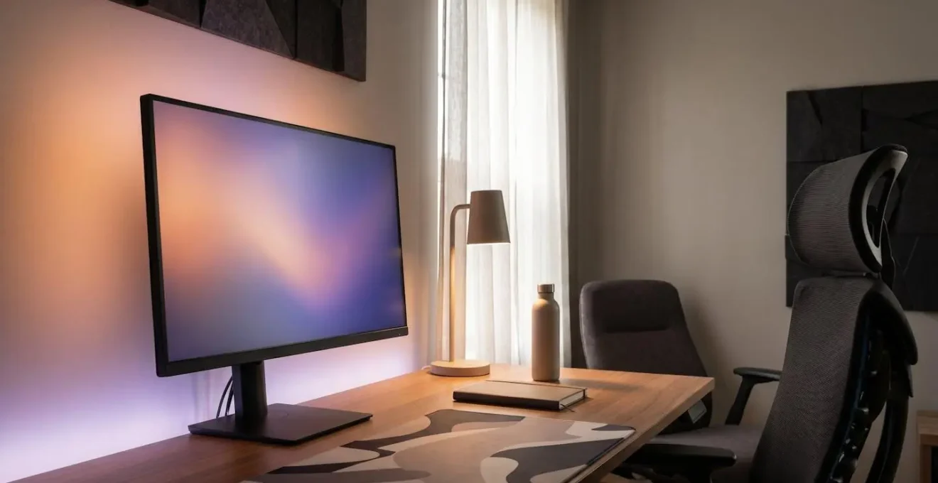 Wide shot of an ergonomic gaming workspace with proper environmental lighting and screen positioning for eye health