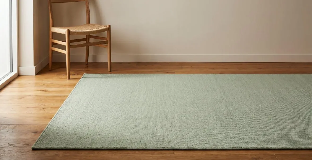 Environmental wide shot of a living room corner showing a solid-colored low-pile rug on hardwood floor with gentle shadows and clean negative space