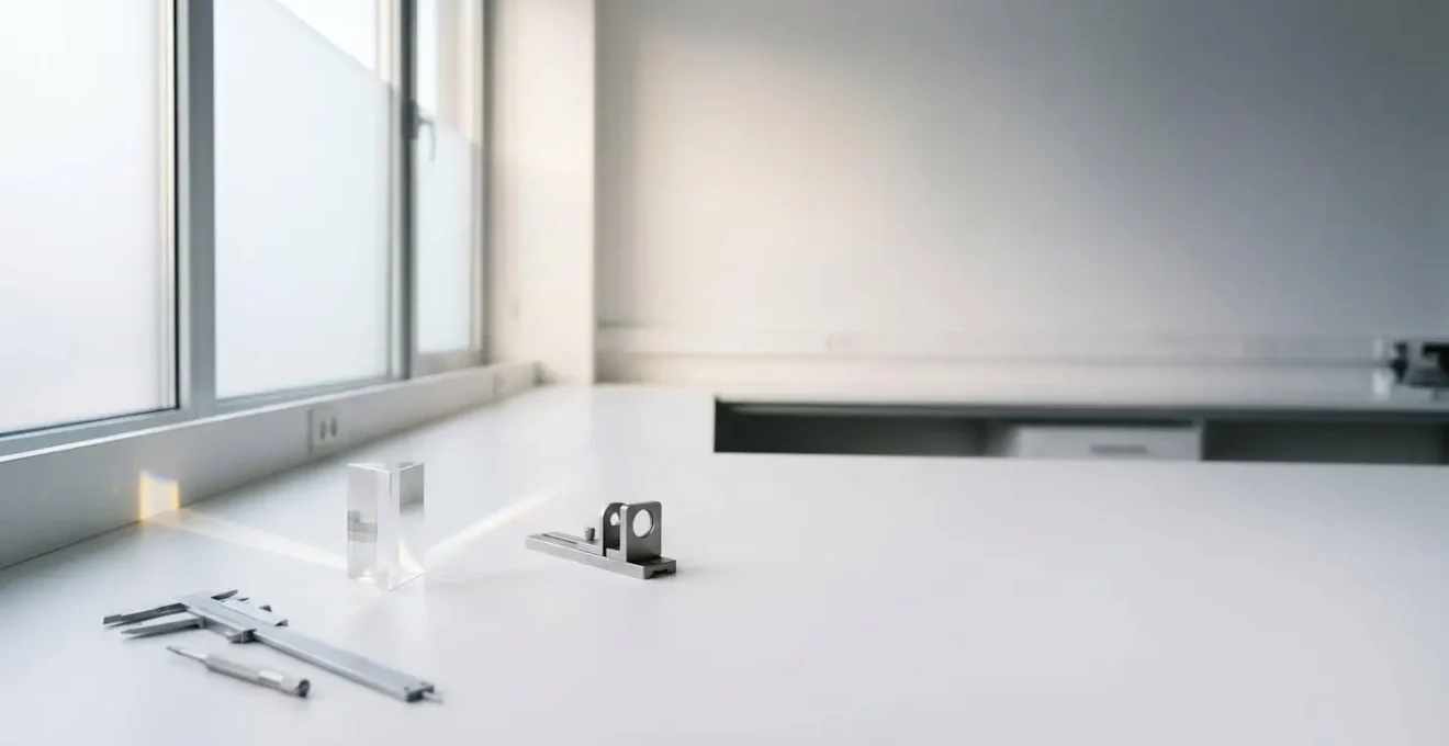 Environmental minimalist composition showing light bending through transparent optical medium demonstrating refractive index principles in clean laboratory setting