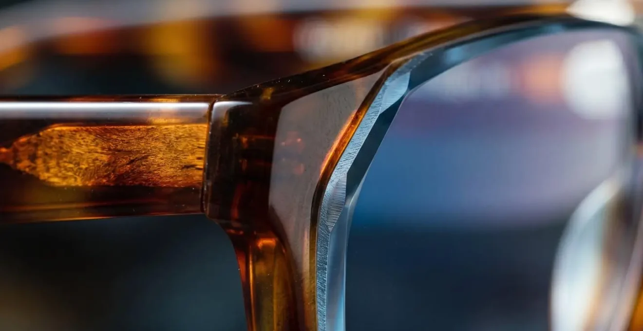 Close-up detail showing the geometric relationship between frame shape and optical lens positioning for high prescription eyewear