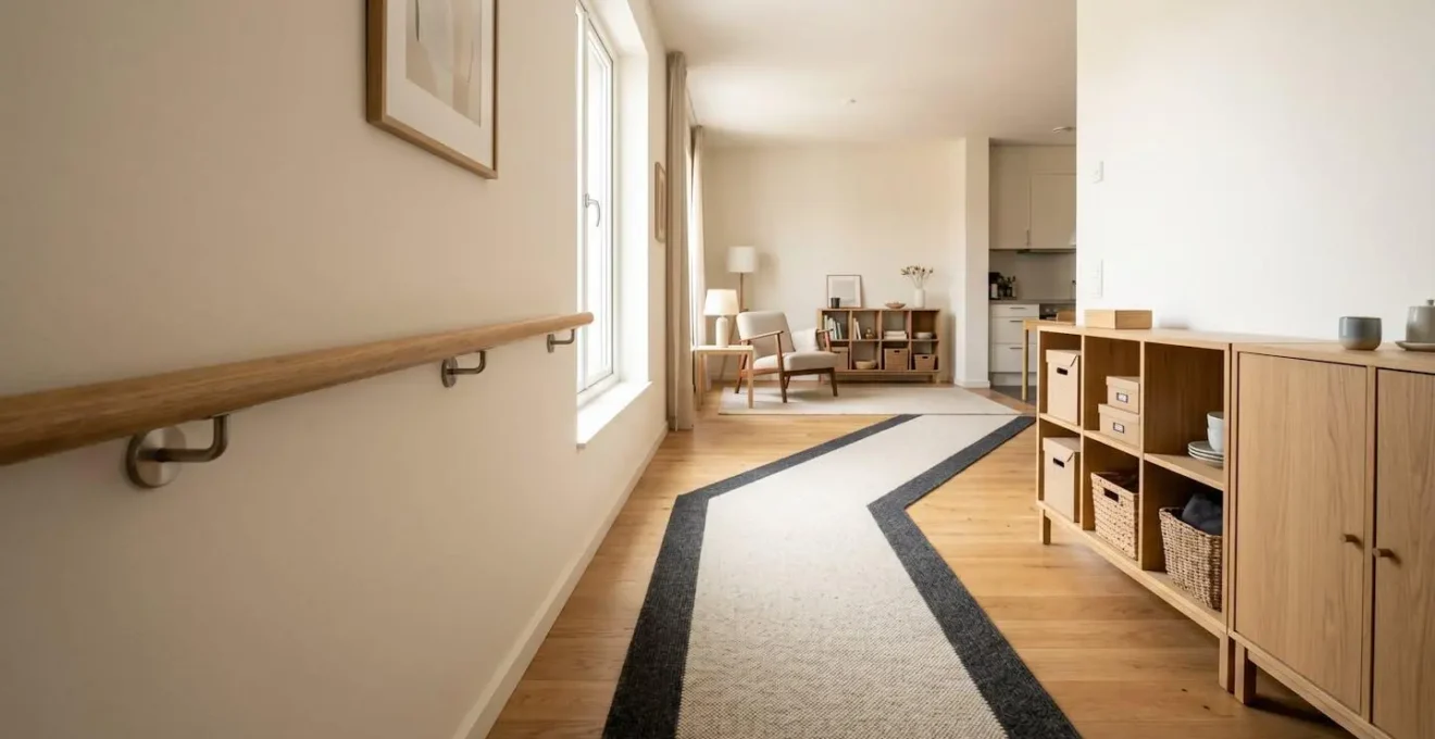 Wide-angle view of a minimalist home interior showing clear pathways with high-contrast floor markings and an organized space.