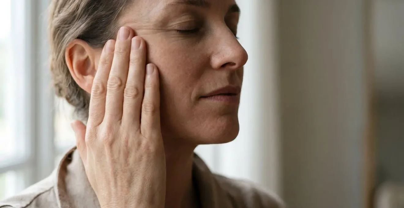 Close-up of facial muscle tension around jaw and temple area illustrating connection to eye strain