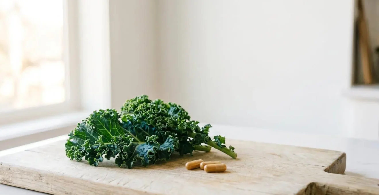 Fresh organic kale leaves in natural window light showcasing deep green color and nutrient density for eye health