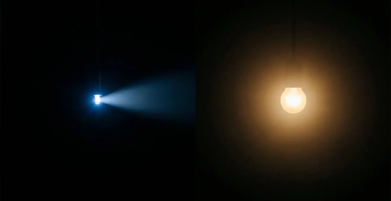 Abstract light source comparison showing a focused LED beam versus a diffused halogen glow