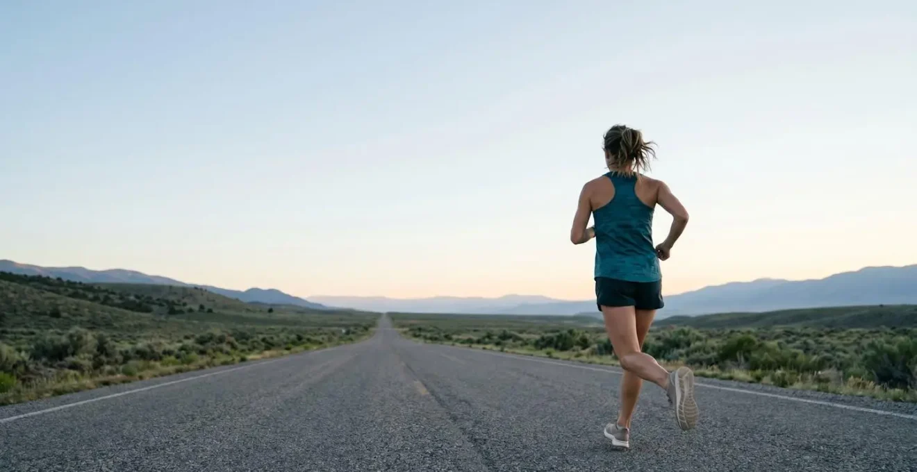 Marathon runner during early morning training run with unobstructed vision and complete environmental awareness