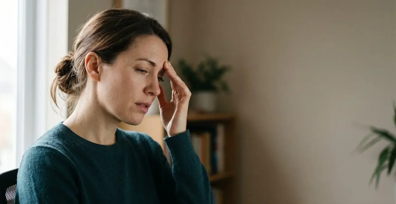 Person experiencing headache and visual discomfort in soft dramatic lighting showing facial tension and fatigue