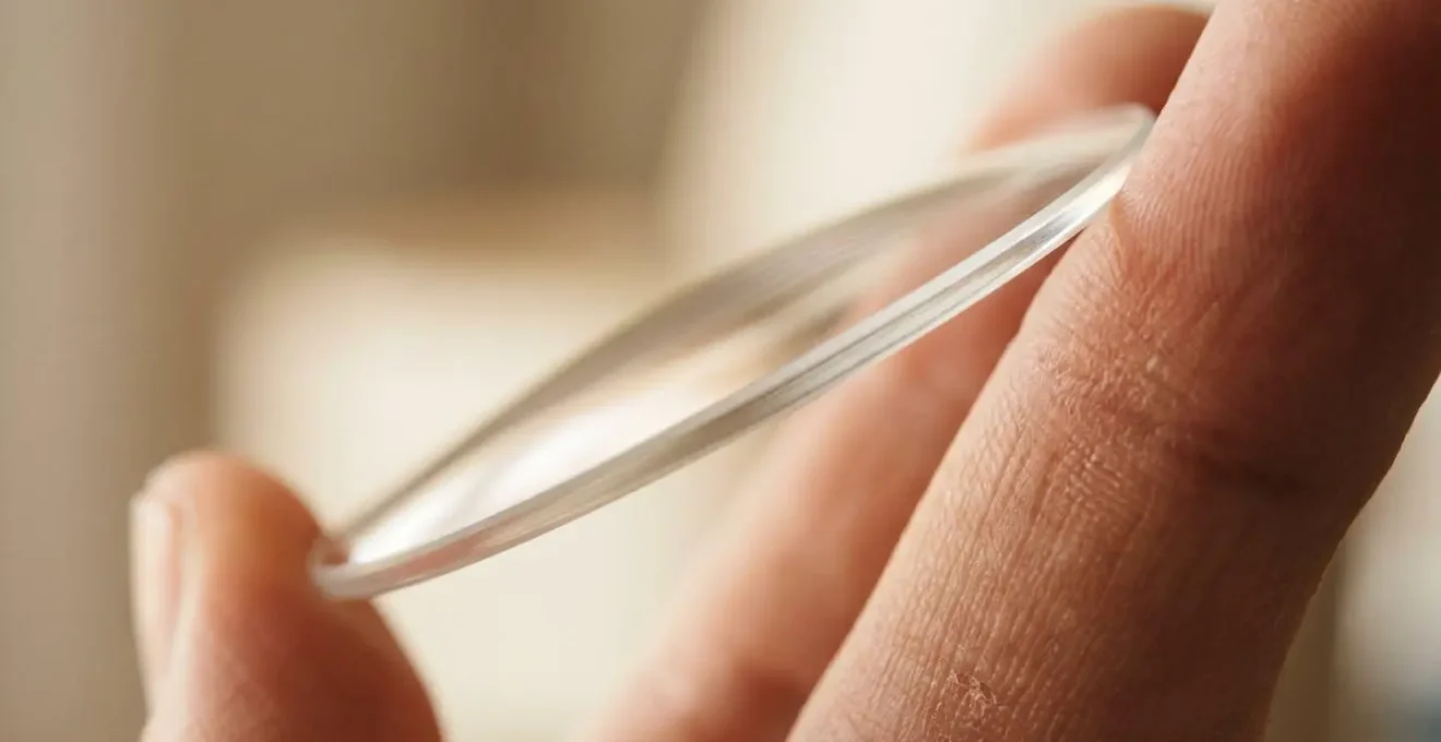 Close-up macro view showing precise angular relationship between progressive lens and eye position