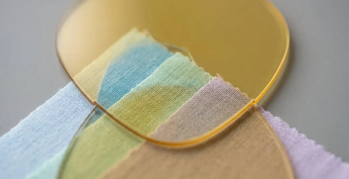 Macro close-up of translucent yellow-amber gel filter over pale blue and green fabric swatches showing muted color perception