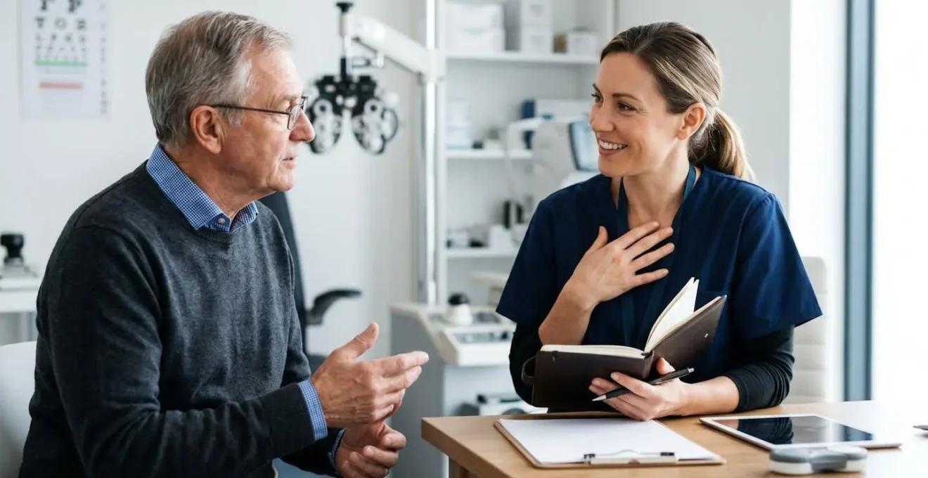 Close-up of patient-optometrist interaction during eye examination consultation showing professional communication