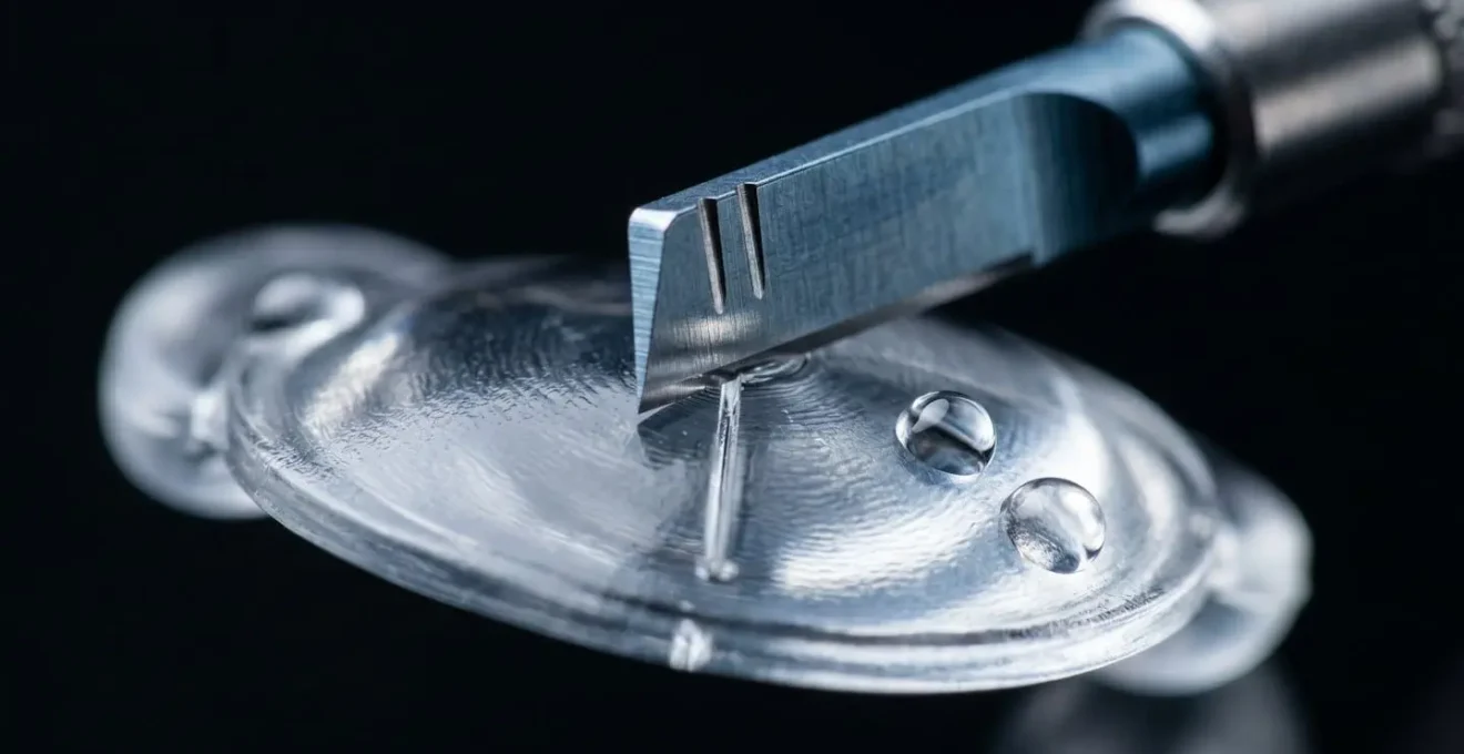Close-up of surgical micro-incision technique showing precision cataract removal process
