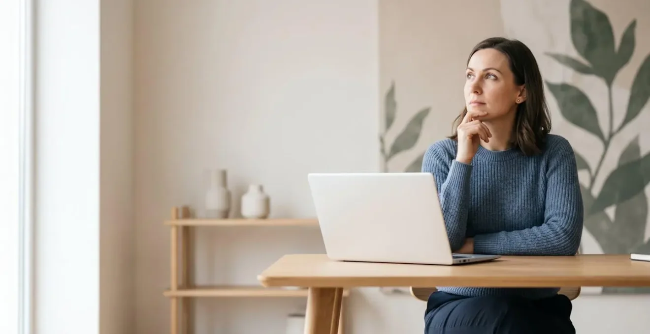 Wide environmental shot of a remote worker during a video call with eyes gazing thoughtfully upward in natural contemplation