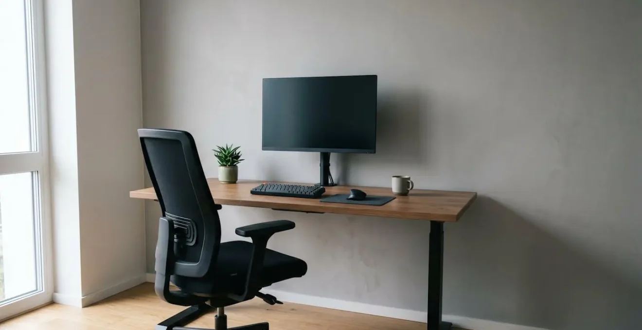 Desk workspace showing ergonomic monitor positioning for progressive lens users with optimal screen height alignment