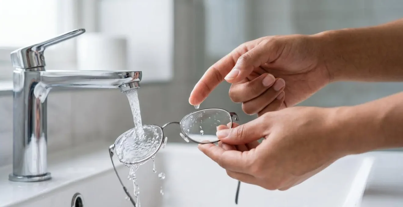 Human hands gently cleaning prescription eyeglasses under running water with soap, demonstrating proper lens care technique