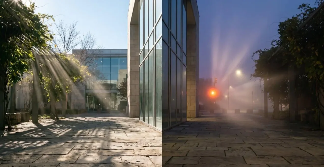 Dramatic lighting comparison showing how pupil dilation in different environments affects visual perception with multifocal lenses