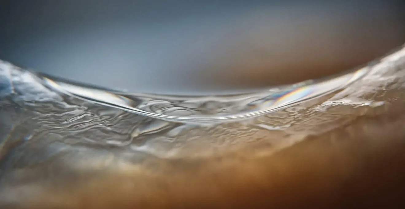 Microscopic view showing tear film layer creating hydraulic pressure beneath orthokeratology lens on corneal surface