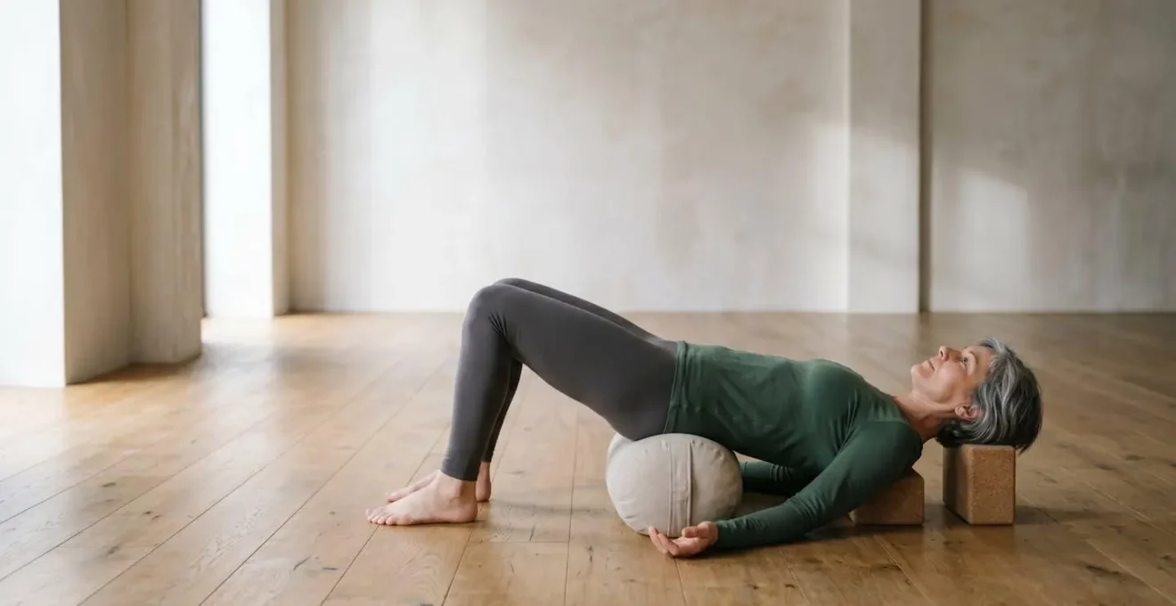 Modified yoga restorative pose with supportive props showing safe alternative to inversions