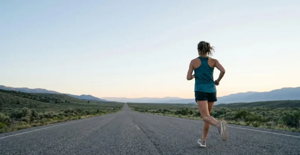 Marathon runner during early morning training run with unobstructed vision and complete environmental awareness