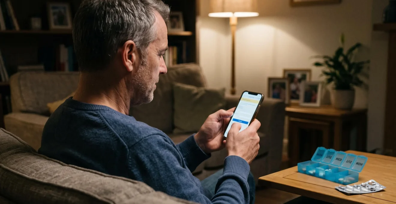 A man reorders his medication from an online pharmacy on his smartphone at home.