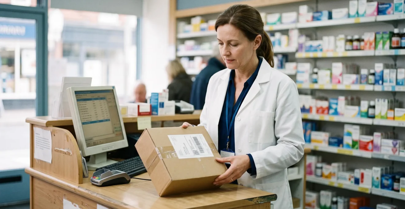 A pharmacist in a white coat prepares a sealed parcel for an online order.