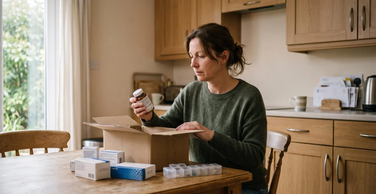 A woman unpacks health products from a delivery box at her kitchen table.